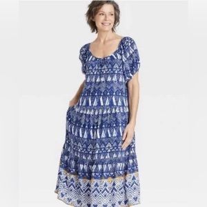 Knox Rose Dress Womens M  Puff Short Sleeve Tiered A-Line Dress Surf's Up Blue